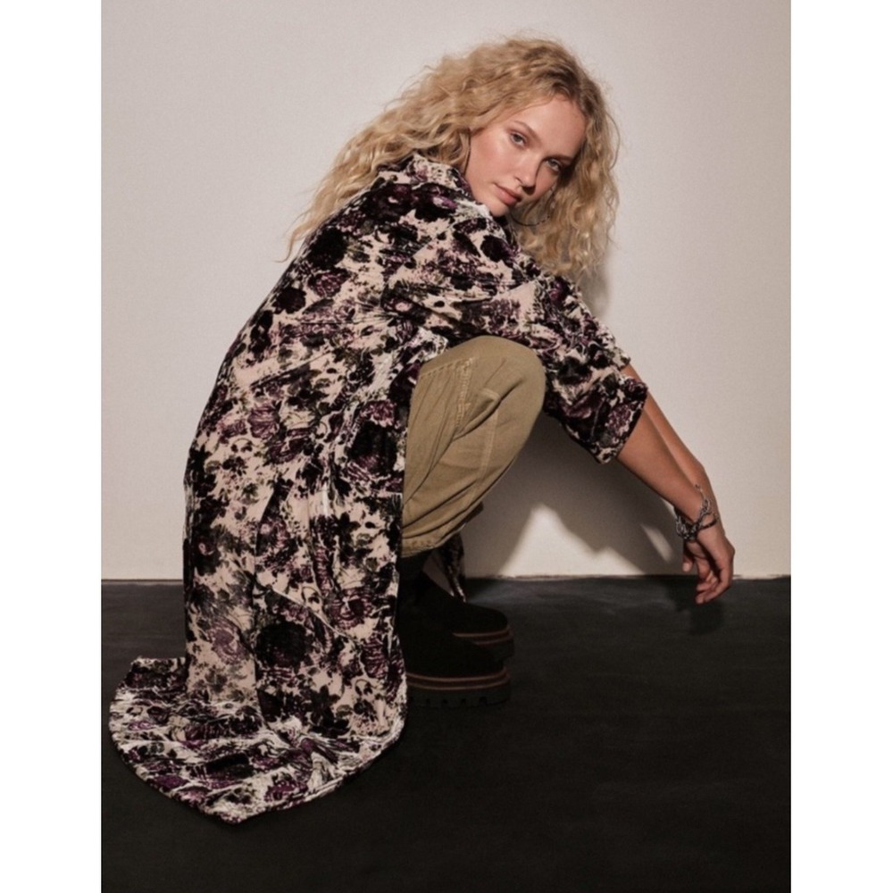 Free People Simone Velvet Duster Coat XS Floral Bohemian Long Kimono‎ Jacket NEW